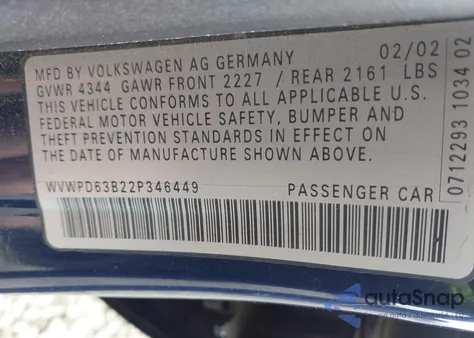 2002 Volkswagen Passat Gls z USA, uszkodzony, nr VIN WVWPD63B22P346449